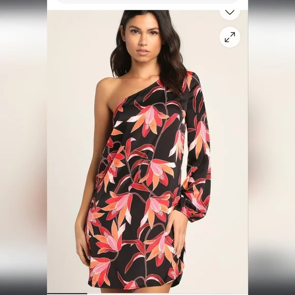NWT Lulus Bahamas Beauty Black Tropical Print Satin One-Shoulder Dress Medium - Picture 5 of 9